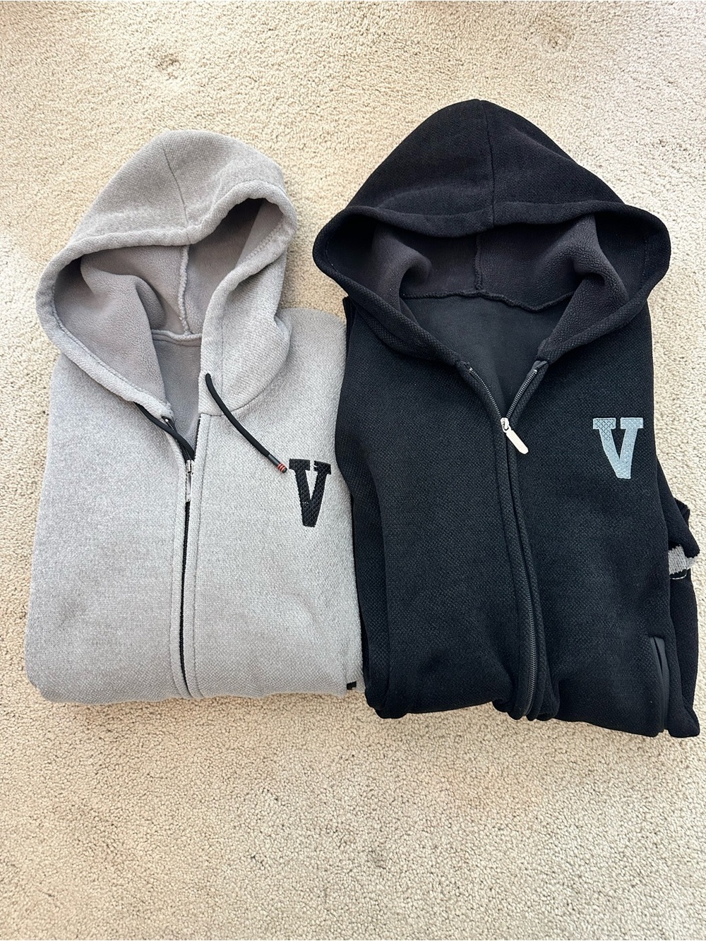 Embroidered 'V' Zip Hoodie Duo - Black & Light Gray